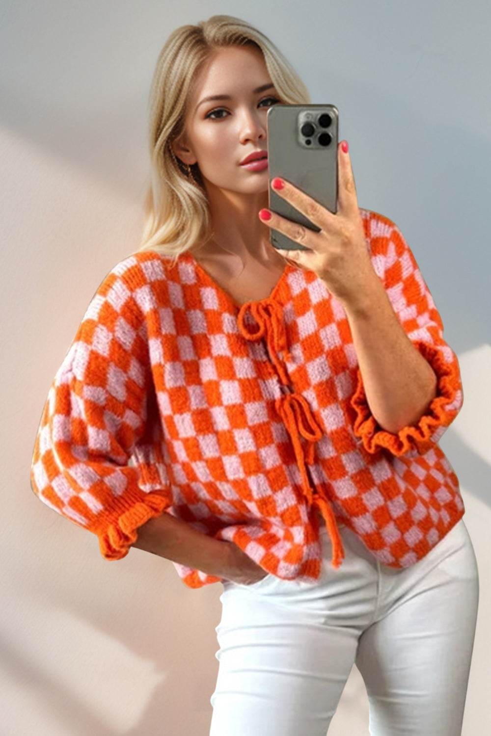 Double Take Tied Checkered Dropped Shoulder Flounce Sleeve Cardigan - Hovatok
