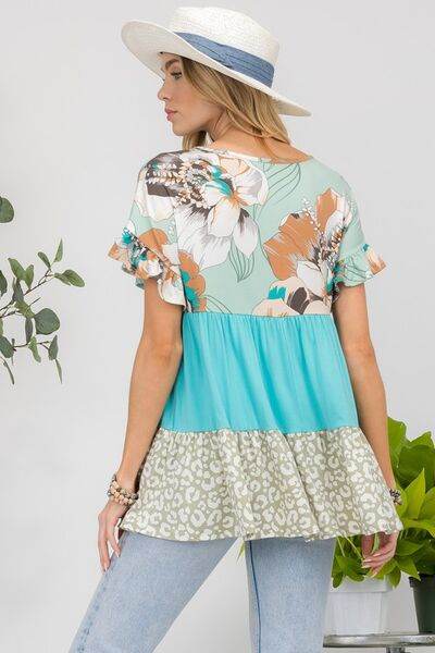 Celeste Printed Color Block Ruffled Short Sleeve Top - Hovatok