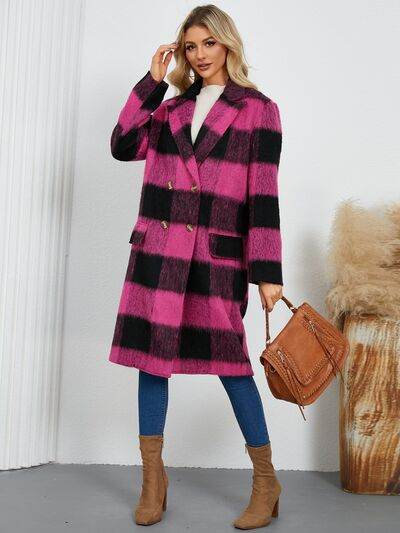 Plaid Double-Breasted Long Sleeve Coat - Hovatok