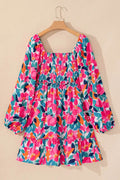 Plus Size Smocked Floral Square Neck Balloon Sleeve Dress - Hovatok