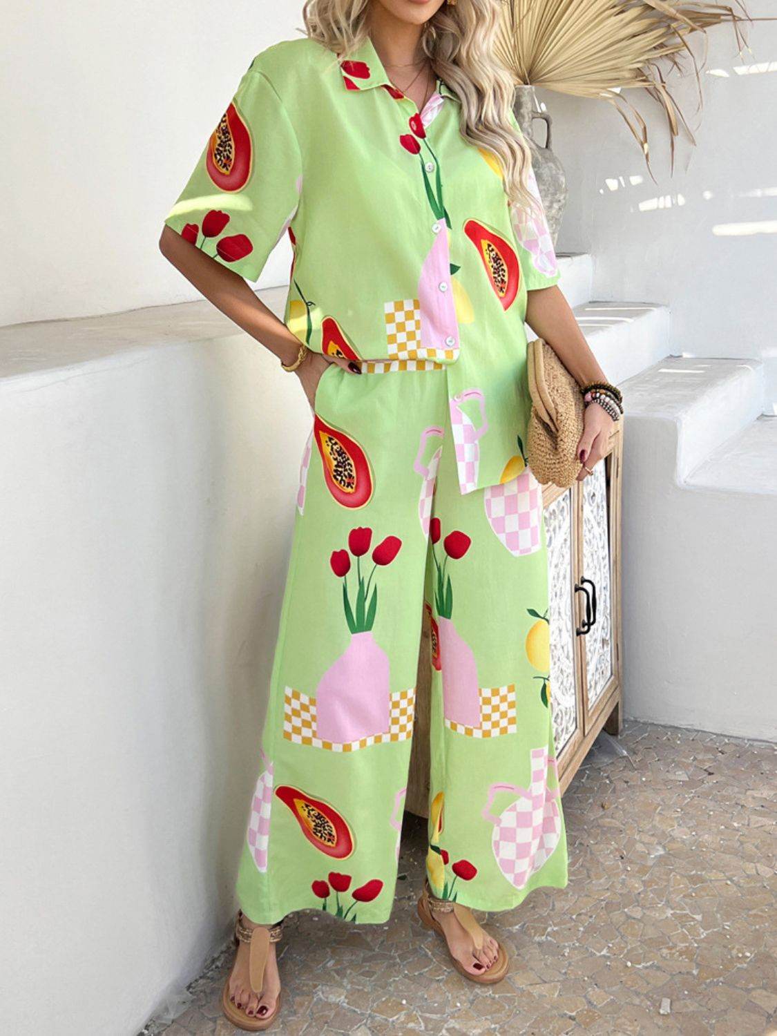 Devine Printed Collared Neck Half Sleeve Top and Pants Set - Hovatok