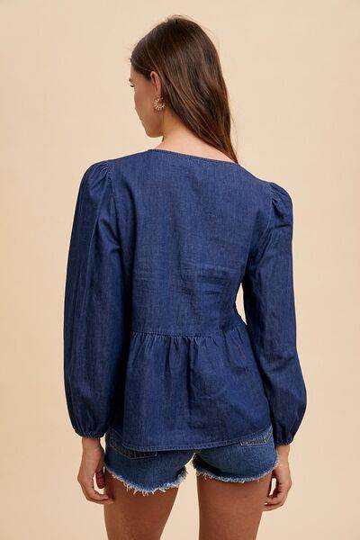 Annie Wear Tie Front Peplum Long Sleeve Denim Top - Hovatok