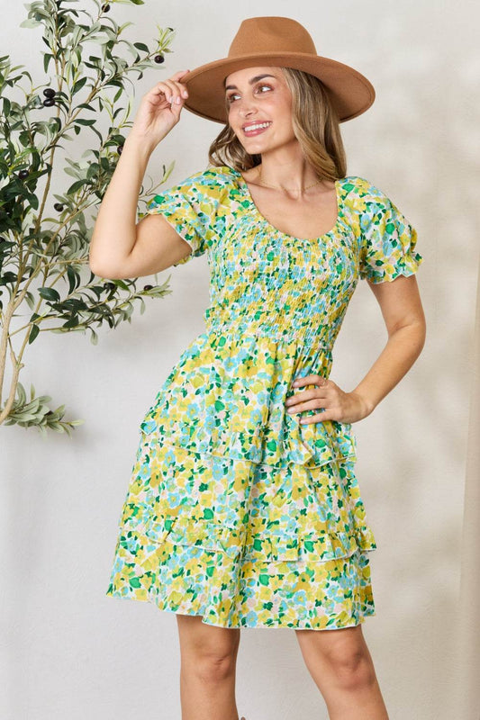 Devine Smocked Scoop Neck Flounce Sleeve Mini Dress - Hovatok