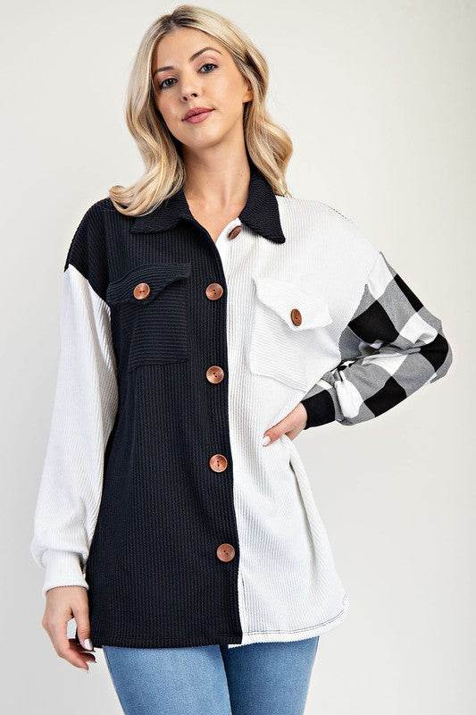 Celeste Full Size Plaid Contrast Button Up Shacket - Hovatok