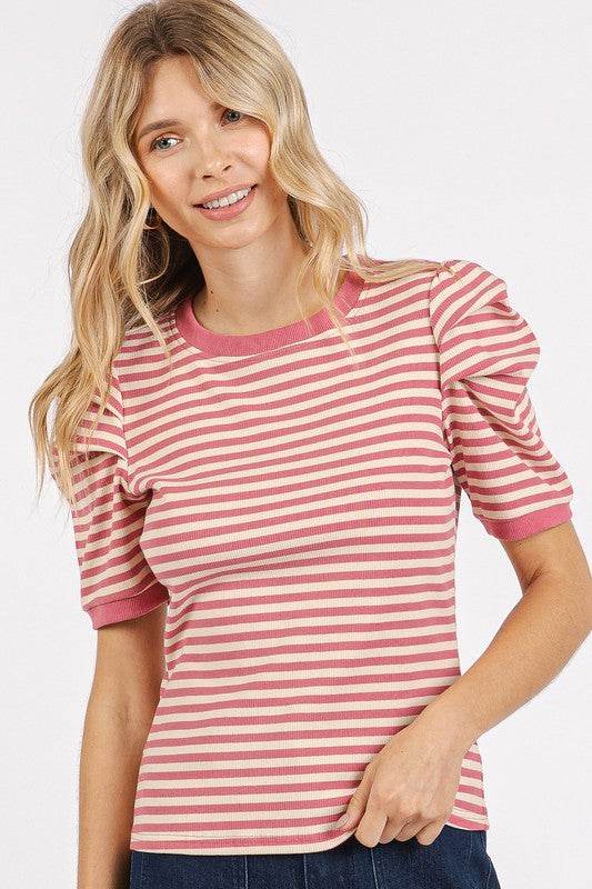 Mittoshop Striped Round Neck Puff Sleeve T-Shirt - Hovatok
