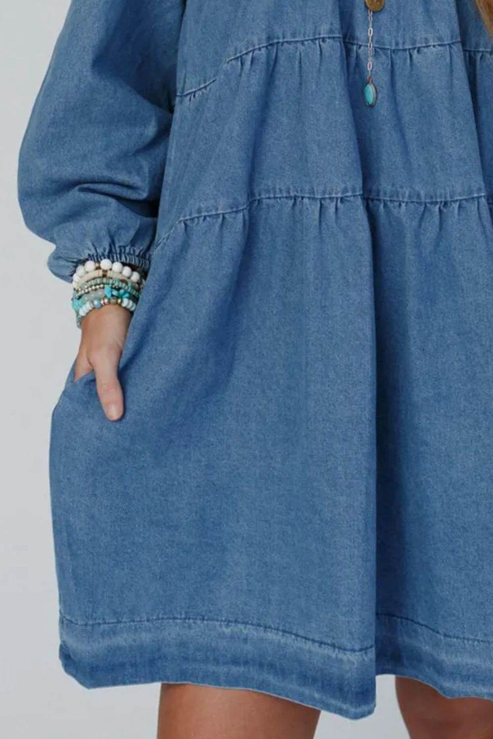 Tied Square Neck Long Sleeve Denim Dress with Pockets - Hovatok