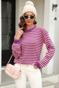 Angel Wings Striped Round Neck Dropped Shoulder Sweater - Hovatok