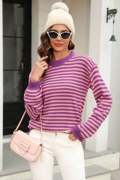 Angel Wings Striped Round Neck Dropped Shoulder Sweater - Hovatok