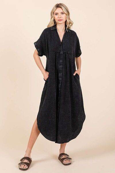 Mittoshop Mineral Wash V Neck Button Up Midi Shirt Dress - Hovatok