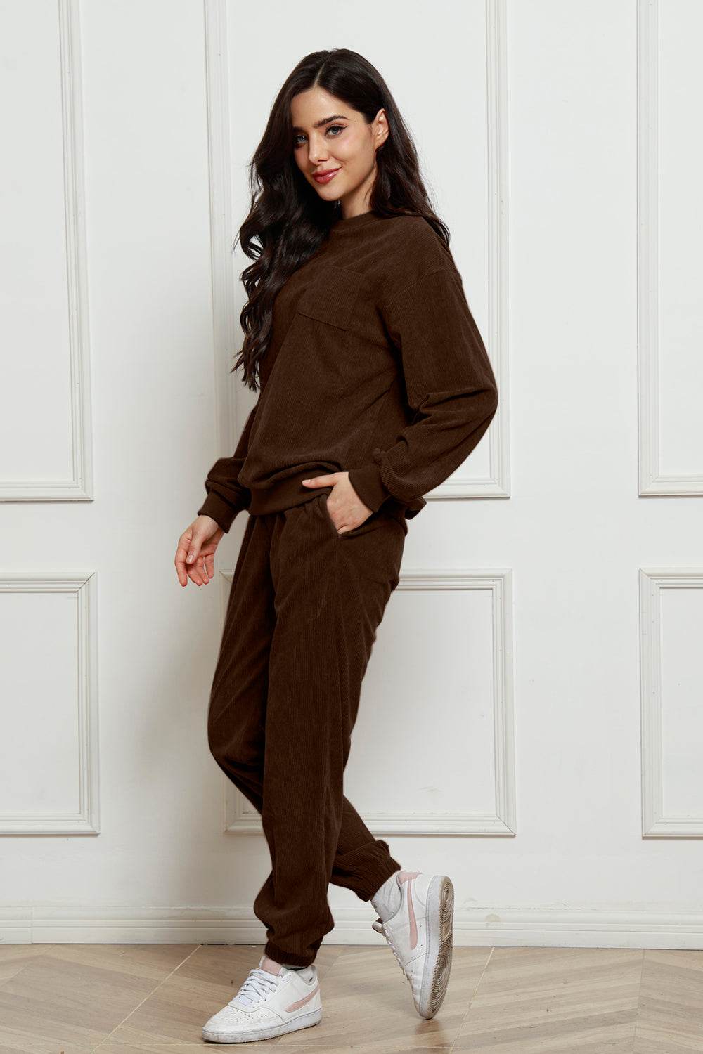 Corduroy Round Neck Sweatshirt and Sweatpants Set - Hovatok