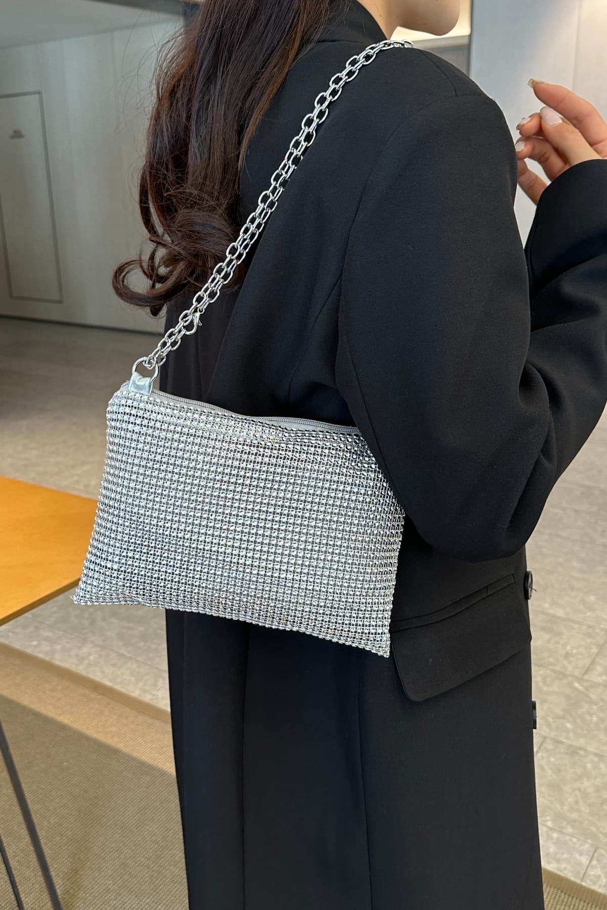 Rhinestone Polyester Chain Crossbody Bag - Hovatok