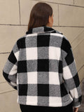 Plus Size Pocketed Plaid Collared Neck Jacket - Hovatok