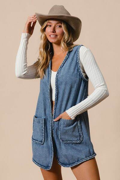 BiBi Braided Trim Open Front Denim Vest with Pockets - Hovatok