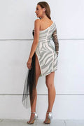 Zebra Print Rhinestone Slit Single Shoulder Dress - Hovatok