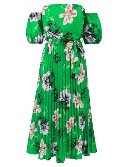 Pleated Floral Off-Shoulder Short Sleeve Midi Dress - Hovatok