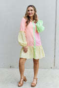 Davi & Dani Flying Colors Full Size Colorblock Long Sleeve Shirt Dress - Hovatok