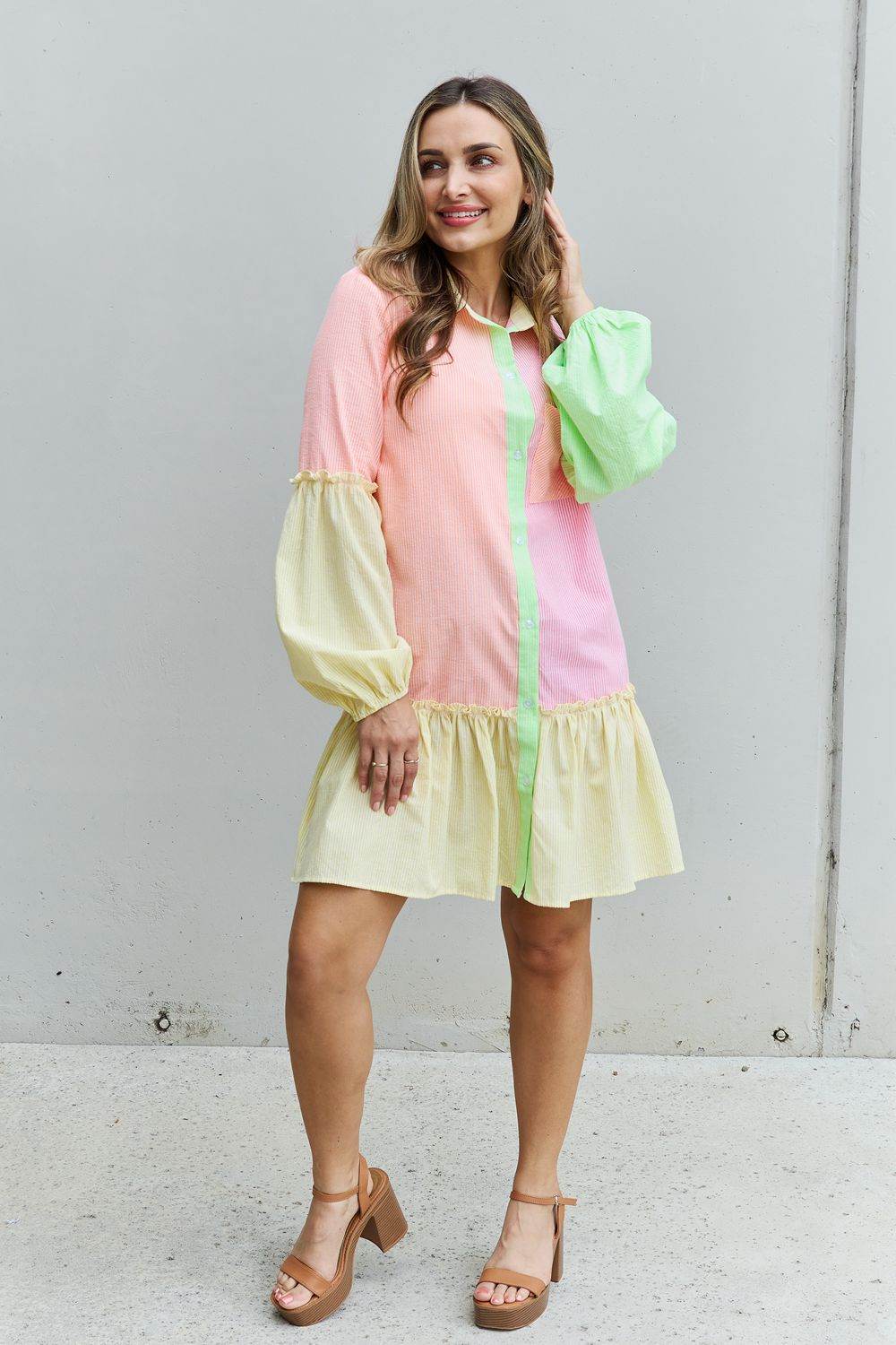Davi & Dani Flying Colors Full Size Colorblock Long Sleeve Shirt Dress - Hovatok