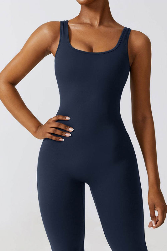Basic Bae Cutout Ruched Bootcut Sleeveless Active Jumpsuit - Hovatok