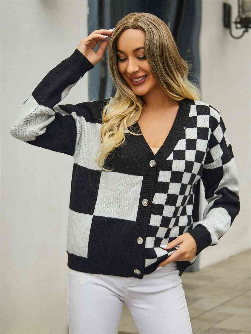 Angel Wings Plaid V-Neck Dropped Shoulder Cardigan - Hovatok