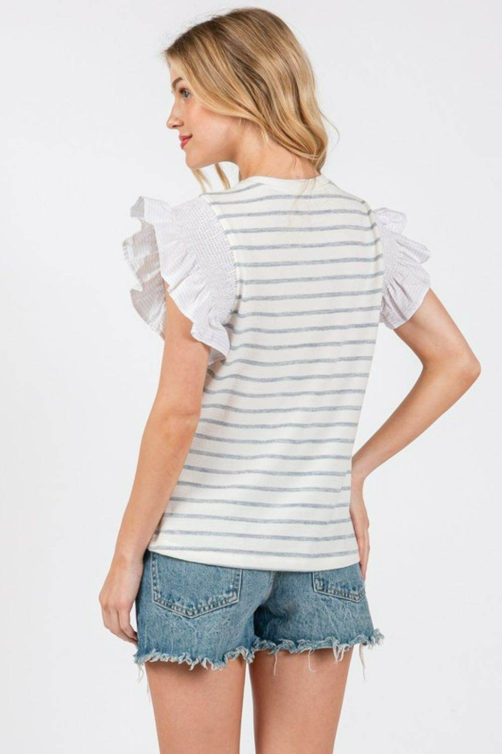 Ces Femme Contrast Striped Ruffled Cap Sleeve Blouse - Hovatok
