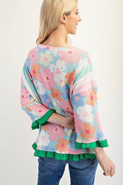 Celeste Full Size Floral Ruffle Hem Round Neck Blouse Plus Size - Hovatok