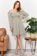 Honey Floral Smocked Flounce Sleeve Square Neck Dress - Hovatok