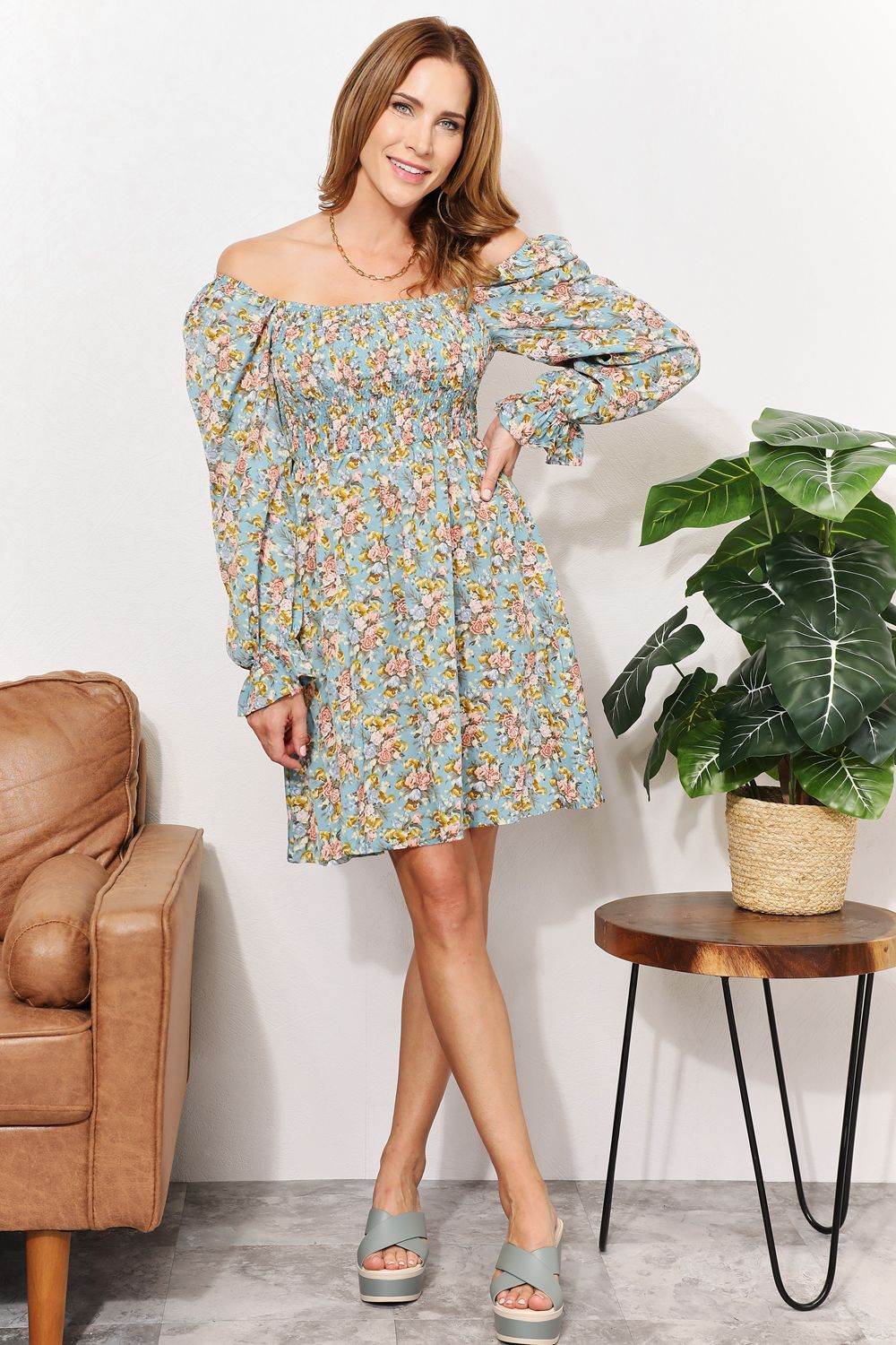 Honey Floral Smocked Flounce Sleeve Square Neck Dress - Hovatok