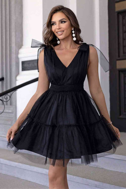 V-Neck Shoulder Detail Mesh Dress - Hovatok