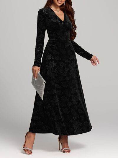Rose Print V-Neck Long Sleeve Dress - Hovatok