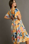 Umgee Full Size Abstract Print Flutter Sleeve Frill Tiered Midi Dress Plus Size - Hovatok