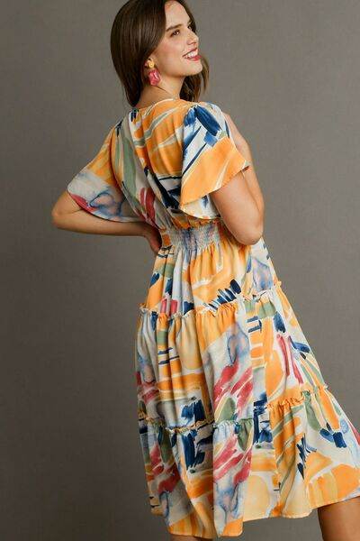Umgee Full Size Abstract Print Flutter Sleeve Frill Tiered Midi Dress Plus Size - Hovatok