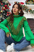 Cable-Knit Ruffled Mock Neck Lantern Sleeve Sweater - Hovatok