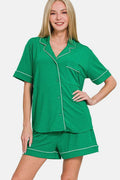Zenana Button Down Short Sleeve Top and Shorts Lounge Set - Hovatok