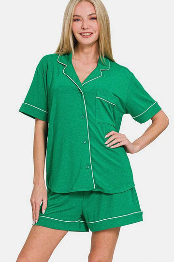 Zenana Button Down Short Sleeve Top and Shorts Lounge Set - Hovatok