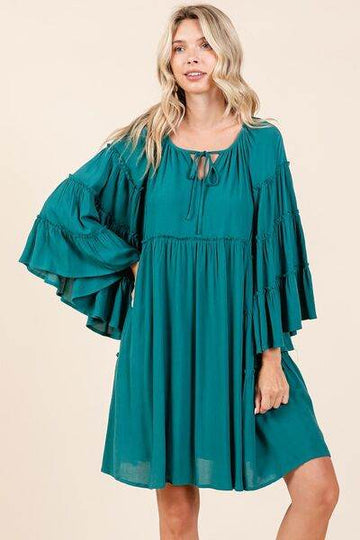 Mittoshop Frill Tie Neck Bell Sleeve Dress - Hovatok
