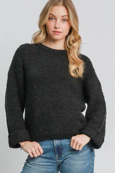 Umgee Full Size Round Neck Long Sleeve Boucle Sweater Plus Size - Hovatok