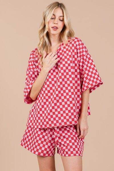 Ces Femme Checkered Round Neck Top and Shorts Set - Hovatok