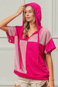 BiBi Color Block Exposed Seam Short Sleeve Hooded Top - Hovatok