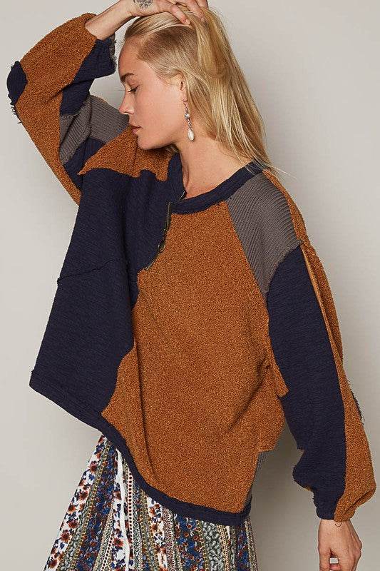POL Color Block Half Zip Dropped Shoulder Sweatshirt - Hovatok