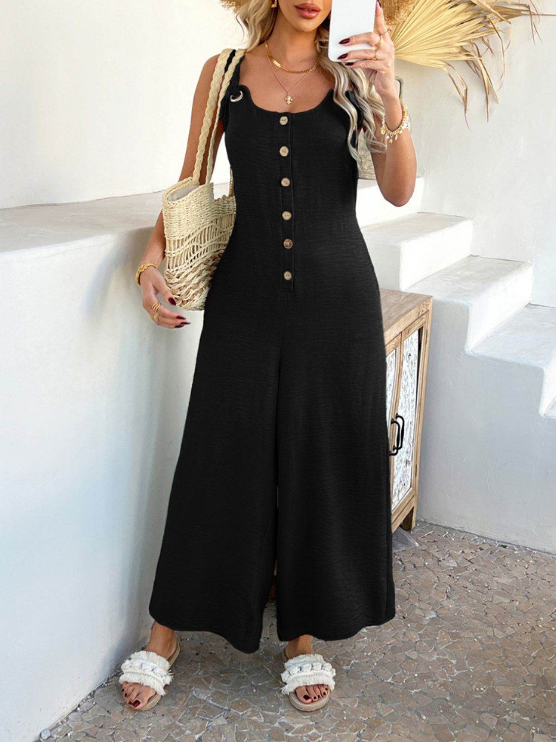 Devine Button Front Knotted Strap Wide Leg Jumpsuit - Hovatok
