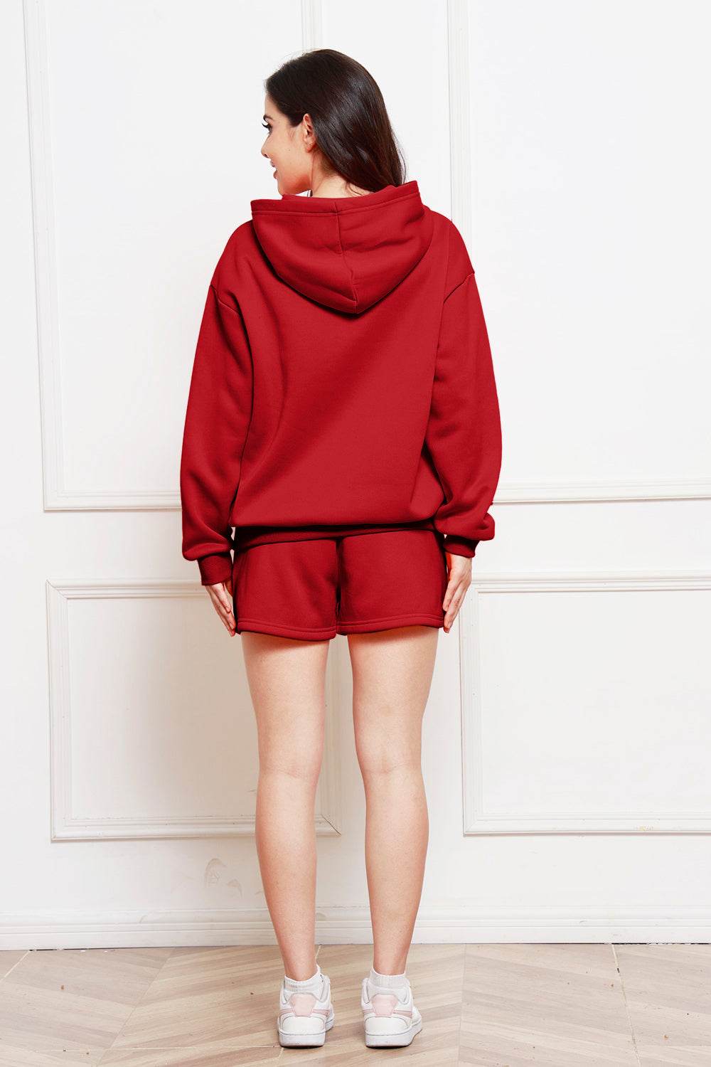 Drop Shoulder Long Sleeve Hoodie and Shorts Set - Hovatok