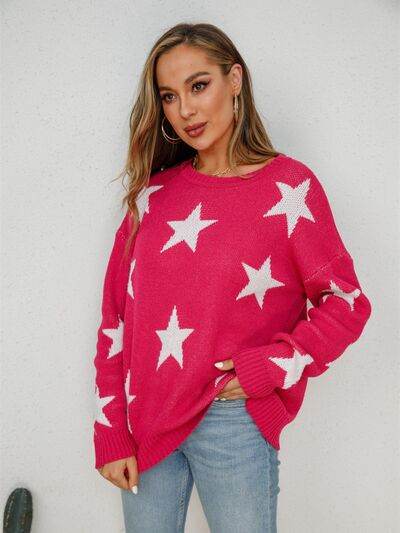 Angel Wings Star Round Neck Dropped Shoulder Sweater - Hovatok
