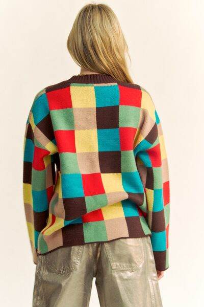 Davi & Dani Color Block Checkered Dropped Shoulder Sweater - Hovatok