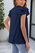 Ruffled Notched Short Sleeve Blouse - Hovatok