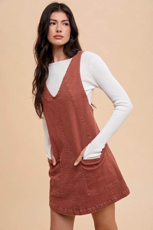 Annie Wear V-Neck Adjustable Strap Denim Overall Dress with Pockets - Hovatok