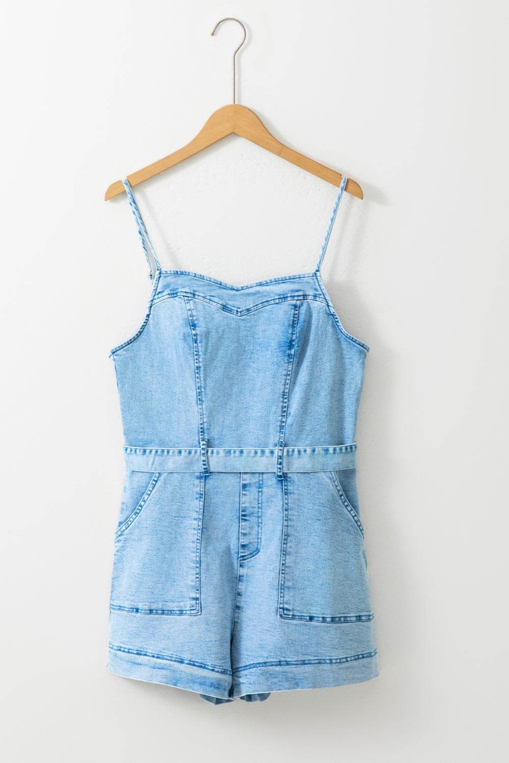 Tied Spaghetti Strap Denim Romper - Hovatok