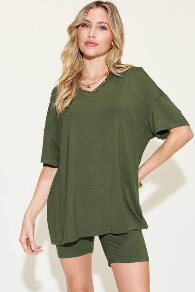 Basic Bae Full Size V-Neck Drop Shoulder T-Shirt and Shorts Set - Hovatok