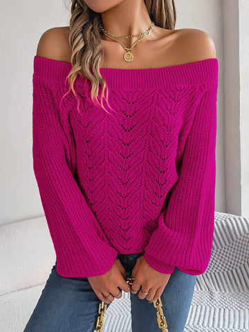 Openwork Off-Shoulder Long Sleeve Sweater - Hovatok