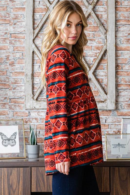 Heimish Full Size Geometric Button Detail Long Sleeve Babydoll Top - Hovatok