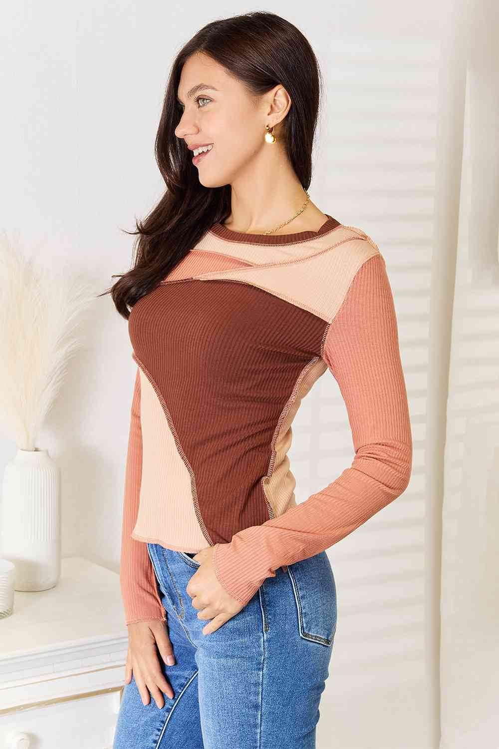Double Take Color Block Exposed Seam Long Sleeve Top - Hovatok